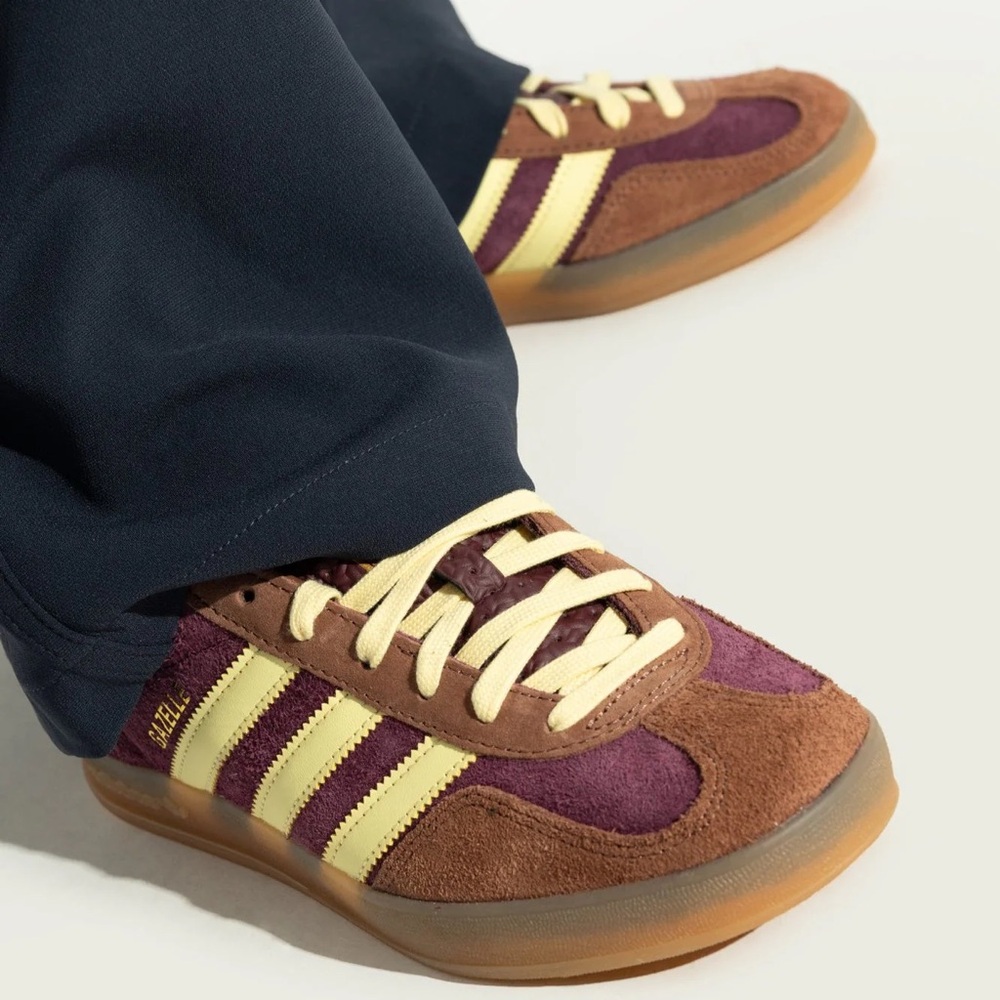 Adidas Gazelle Yellow, Brown, and Burgundy Sneakers